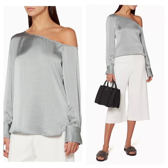 Theory Ulrika Crushed Satin One Shoulder Blouse Size Small Oregano Minimalist - Picture 1 of 13